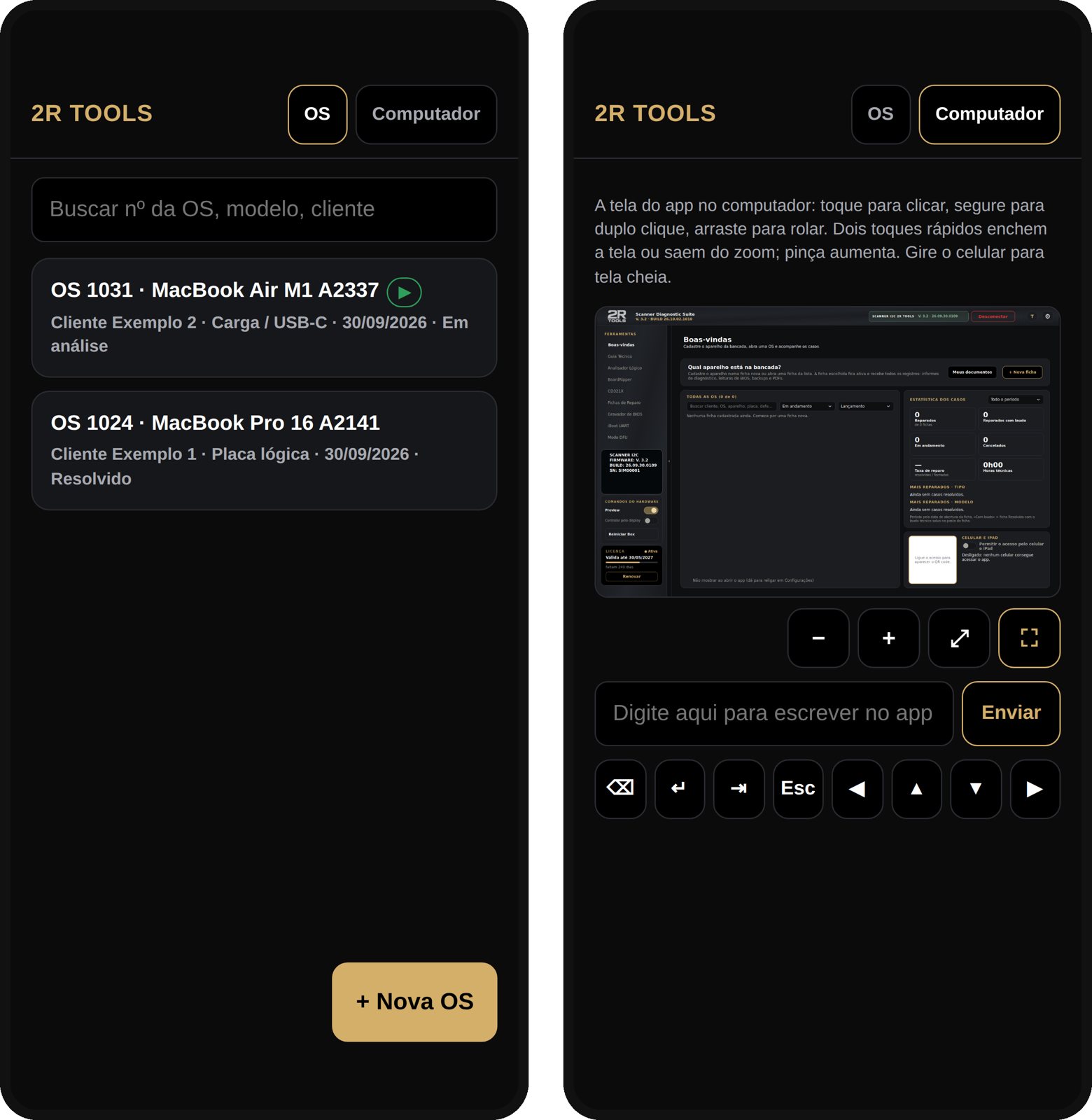 Celular e iPad no app